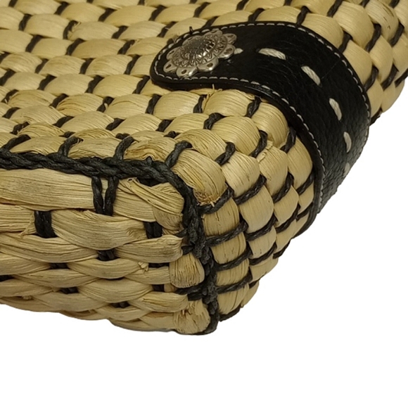 🌼 BRIGHTON TAN / NATURAL WICKER / STRAW BASKET BAG WITH BLACK LEATHER TRIM - Picture 14 of 16